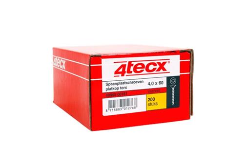 4tecx Spaanplaatschroef - Platverzonken kop - 4x60mm - Deeldraad - Verzinkt - TX20 - 200 Stuk