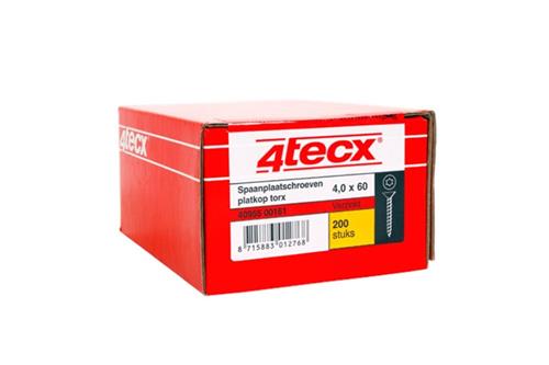 4tecx Spaanplaatschroef - Platverzonken kop - 4x30mm - Verzinkt - TX20 - 200 Stuk